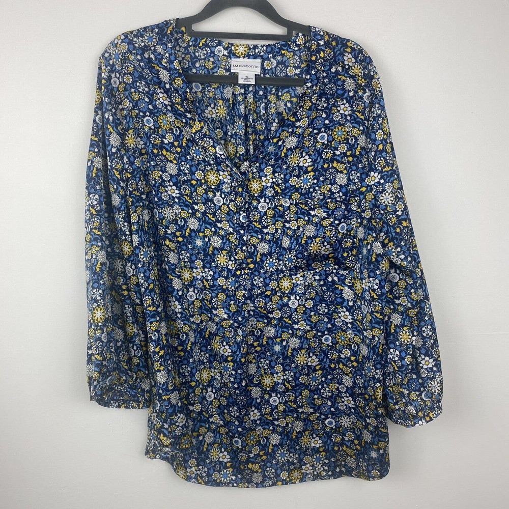 Liz Claiborne Pullover Blouse Size XL Color Blues Short Sleeves One pocket